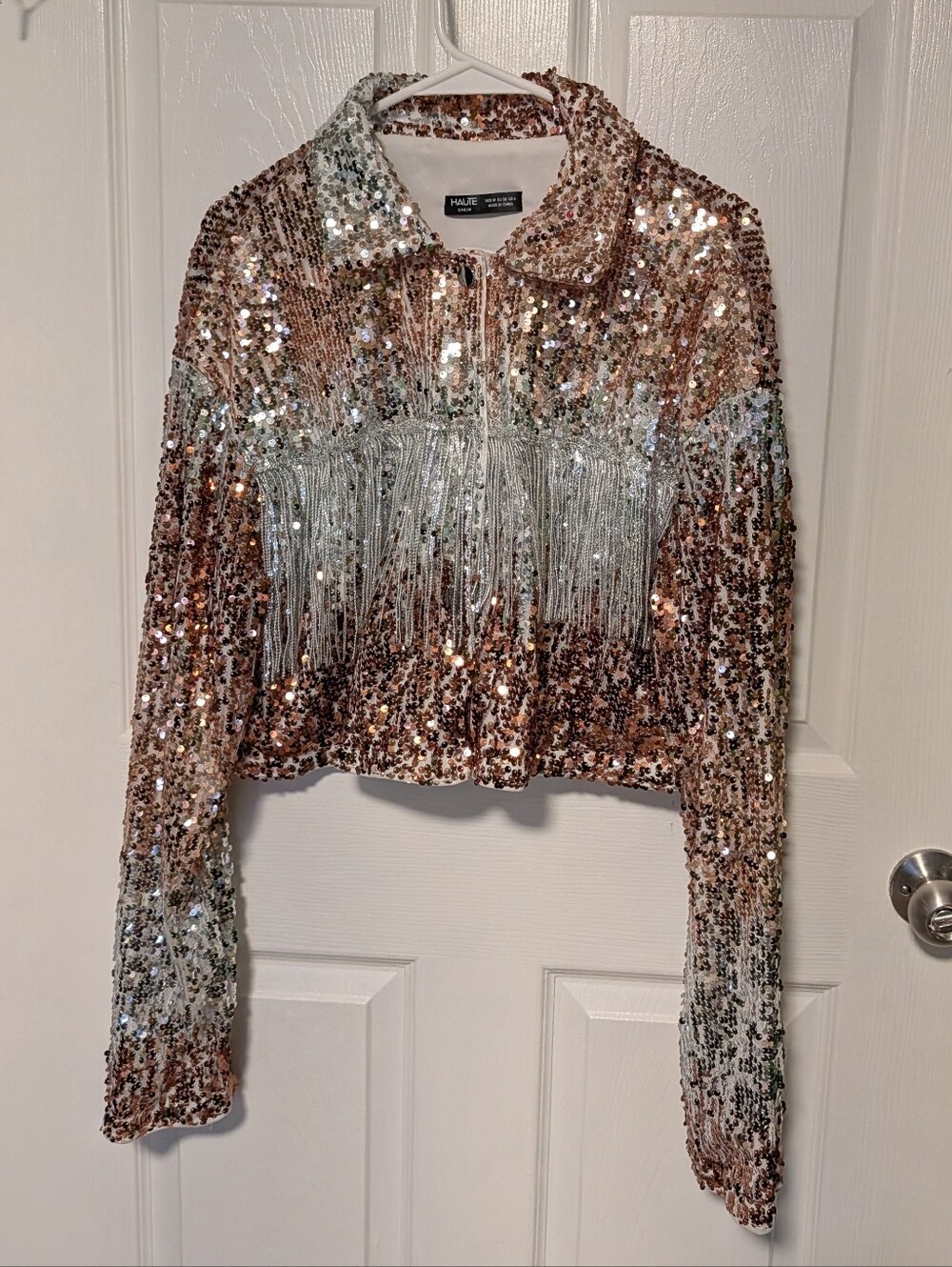 Haute Hippie Rose Gold & Silver Sequin Fringe Cropped Jacket